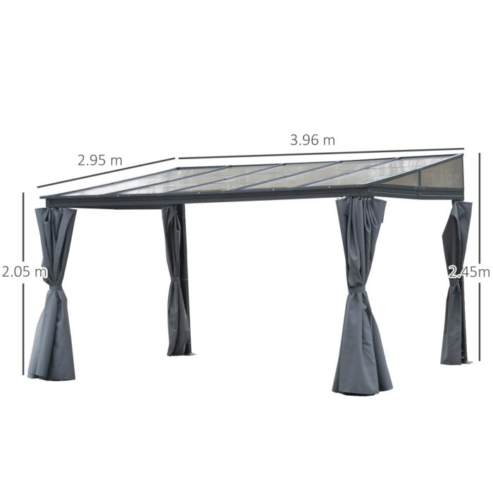 Outsunny 4 X 3(m) Outdoor Hardtop Pergola Pc Roof Wall Lean To Aluminium Gazebo Party Tent Garden Sun Shelter Marquee Pavilion With Curtains, Grey