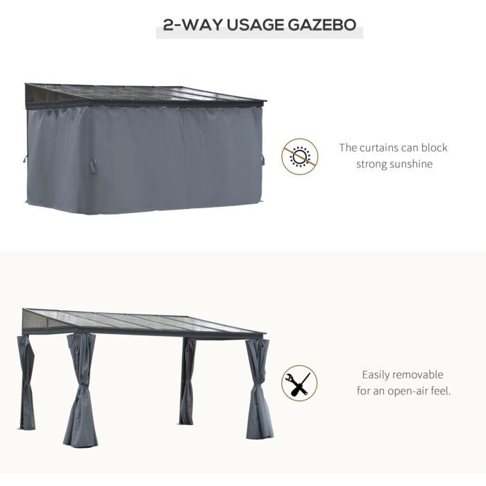 Outsunny 4 X 3(m) Outdoor Hardtop Pergola Pc Roof Wall Lean To Aluminium Gazebo Party Tent Garden Sun Shelter Marquee Pavilion With Curtains, Grey