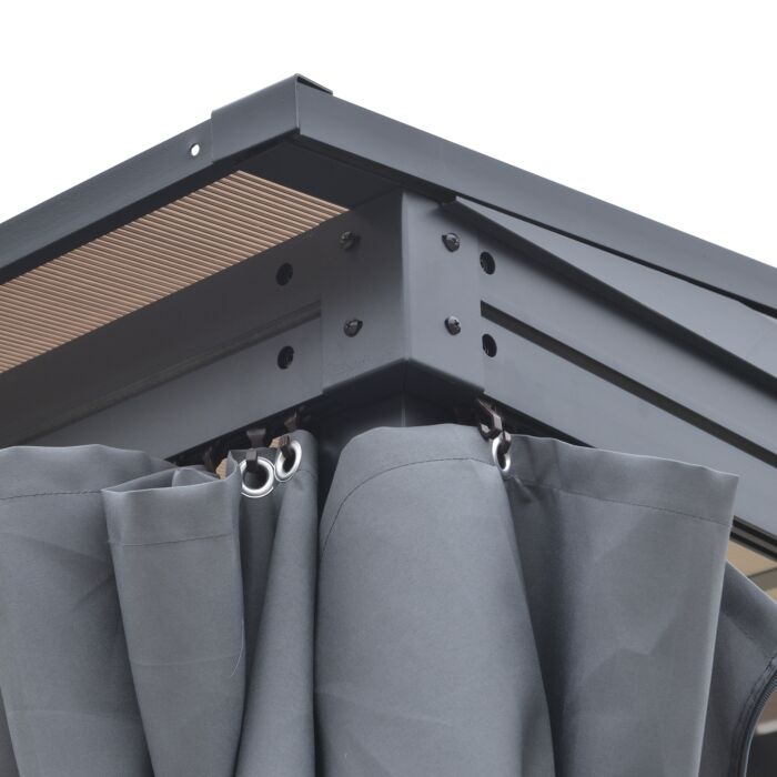 Outsunny 4 X 3(m) Outdoor Hardtop Pergola Pc Roof Wall Lean To Aluminium Gazebo Party Tent Garden Sun Shelter Marquee Pavilion With Curtains, Grey