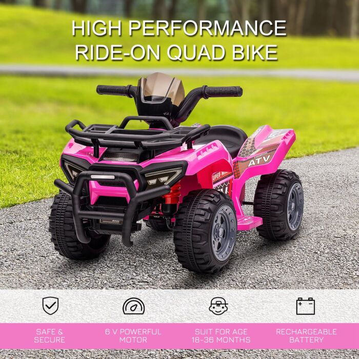 Homcom Kids Ride-on Four Wheeler Atv Car With Real Working Headlights, 6v Battery Powered Motorcycle For 18-36 Months, Pink