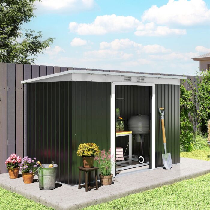 Outsunny 9 X 4 Ft Metal Garden Storage Shed Patio Corrugated Steel Roofed Tool Box With Base, Kit Ventilation And Doors, Dark Grey