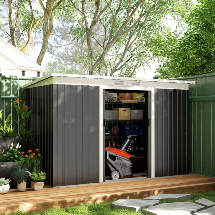 Outsunny 9 X 4 Ft Metal Garden Storage Shed Patio Corrugated Steel Roofed Tool Box With Base, Kit Ventilation And Doors, Dark Grey