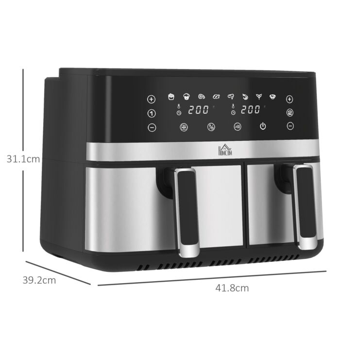 Homcom Dual Air Fryer, 8.5l Family Size Double Air Fryer Oven With 8-in-1 Presets, Smart Finish, Digital Display, Recipe, Timer For Oil Free & Low Fat Healthy Cooking, 2700w