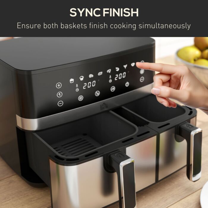 Homcom Dual Air Fryer, 8.5l Family Size Double Air Fryer Oven With 8-in-1 Presets, Smart Finish, Digital Display, Recipe, Timer For Oil Free & Low Fat Healthy Cooking, 2700w