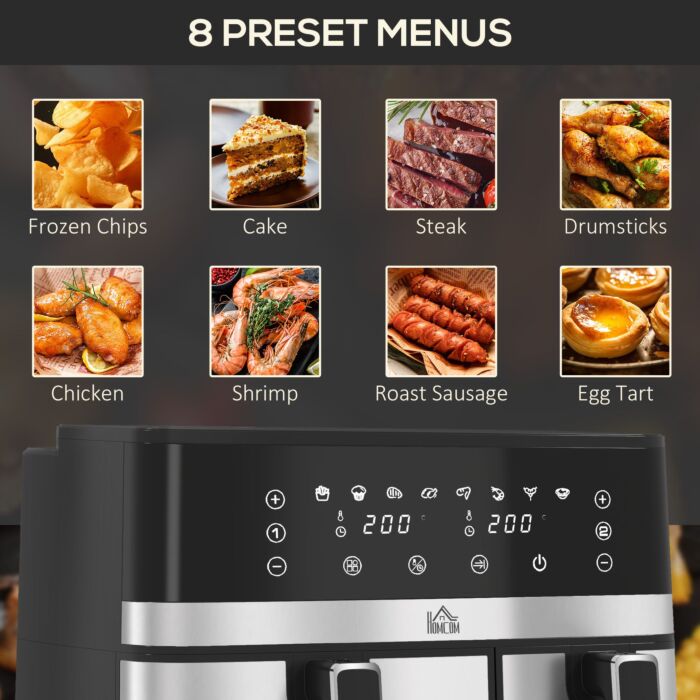 Homcom Dual Air Fryer, 8.5l Family Size Double Air Fryer Oven With 8-in-1 Presets, Smart Finish, Digital Display, Recipe, Timer For Oil Free & Low Fat Healthy Cooking, 2700w