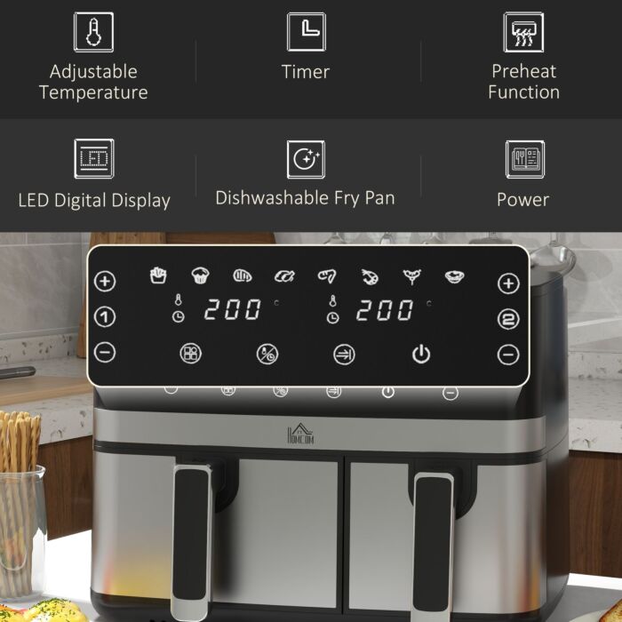 Homcom Dual Air Fryer, 8.5l Family Size Double Air Fryer Oven With 8-in-1 Presets, Smart Finish, Digital Display, Recipe, Timer For Oil Free & Low Fat Healthy Cooking, 2700w