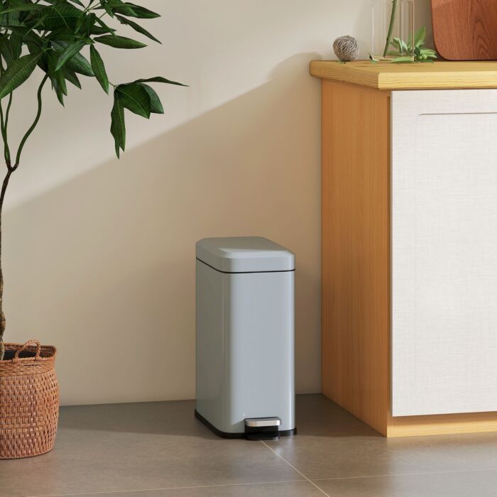 Homcom 5l Rectangular Compact Bin, Steel Body, Removable Bucket, Quiet-close Lid W/ Pedal Lid Rubbish Trash Can Garbage Tidy Clean, Grey