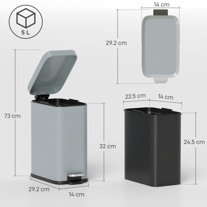 Homcom 5l Rectangular Compact Bin, Steel Body, Removable Bucket, Quiet-close Lid W/ Pedal Lid Rubbish Trash Can Garbage Tidy Clean, Grey