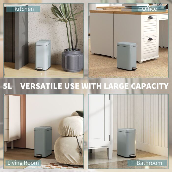 Homcom 5l Rectangular Compact Bin, Steel Body, Removable Bucket, Quiet-close Lid W/ Pedal Lid Rubbish Trash Can Garbage Tidy Clean, Grey