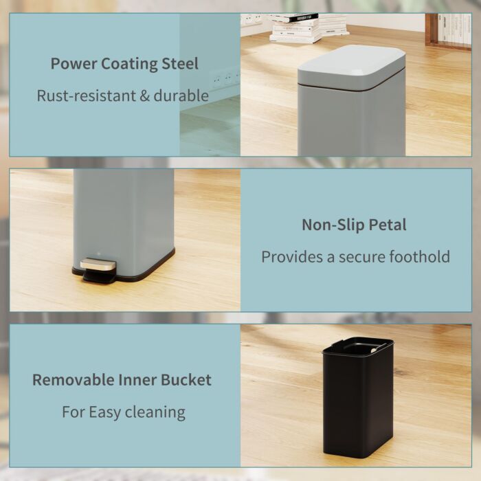 Homcom 5l Rectangular Compact Bin, Steel Body, Removable Bucket, Quiet-close Lid W/ Pedal Lid Rubbish Trash Can Garbage Tidy Clean, Grey