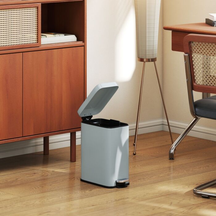 Homcom 5l Rectangular Compact Bin, Steel Body, Removable Bucket, Quiet-close Lid W/ Pedal Lid Rubbish Trash Can Garbage Tidy Clean, Grey