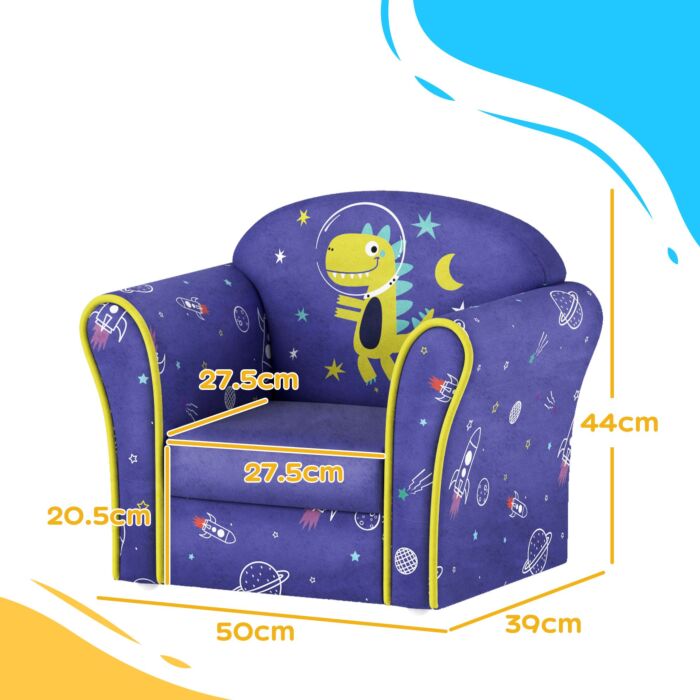 Aiyaplay Kids Armchair With Planet Dinosaurs Design, Wooden Frame, Pink