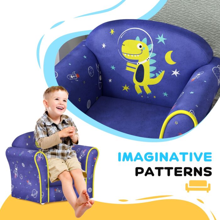 Aiyaplay Kids Armchair With Planet Dinosaurs Design, Wooden Frame, Pink