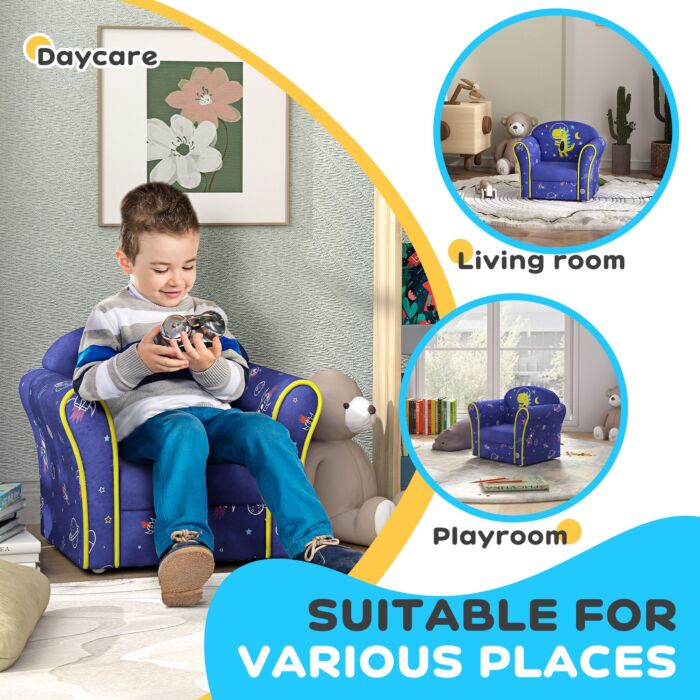 Aiyaplay Kids Armchair With Planet Dinosaurs Design, Wooden Frame, Pink
