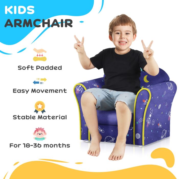 Aiyaplay Kids Armchair With Planet Dinosaurs Design, Wooden Frame, Pink