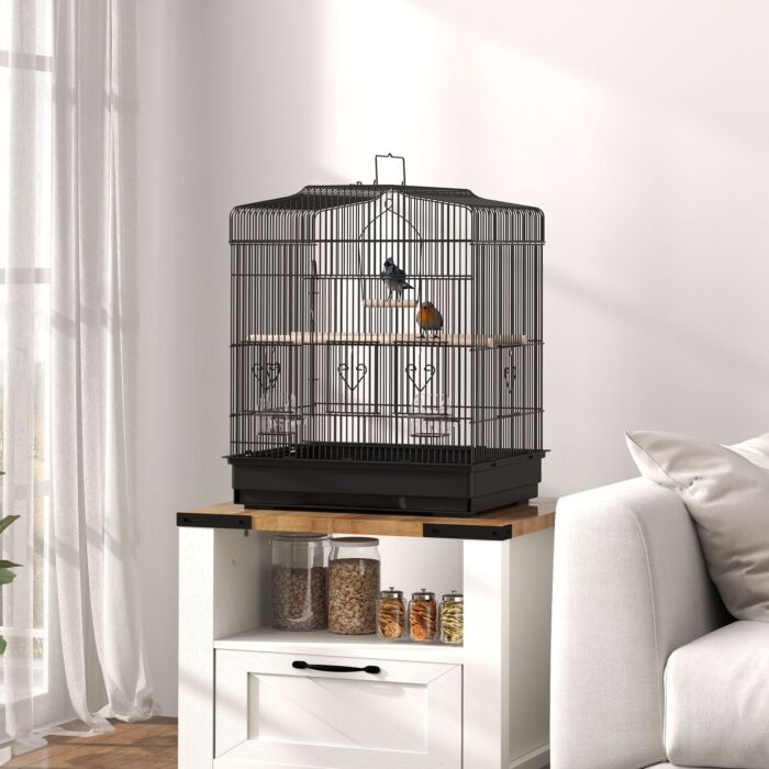 Pawhut Large Metal Bird Cage With Stand, Perches, Food Bowls, Swing For Budgie, Parakeet, 46.5 X 36 X 59cm, Black