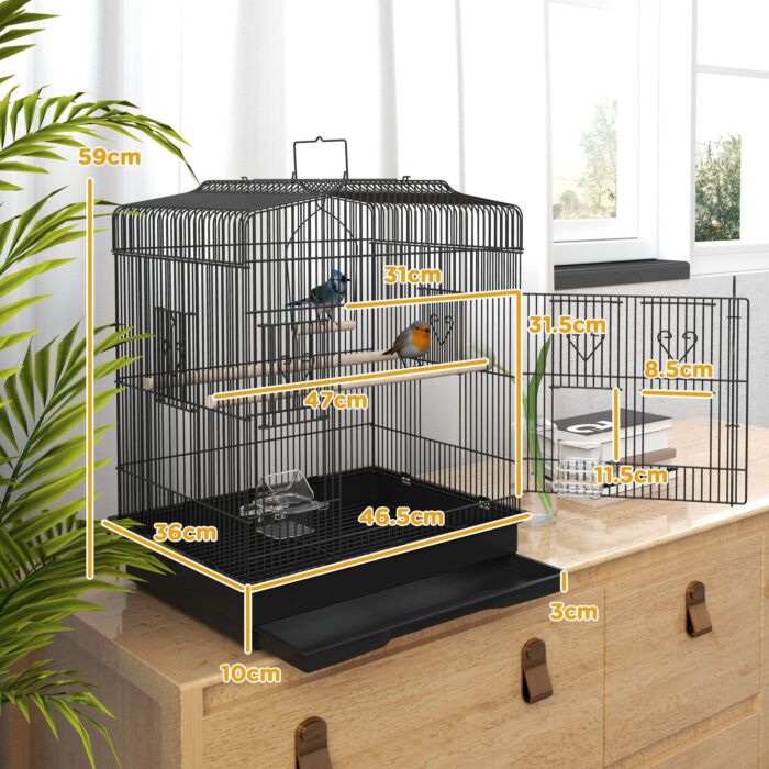 Pawhut Large Metal Bird Cage With Stand, Perches, Food Bowls, Swing For Budgie, Parakeet, 46.5 X 36 X 59cm, Black