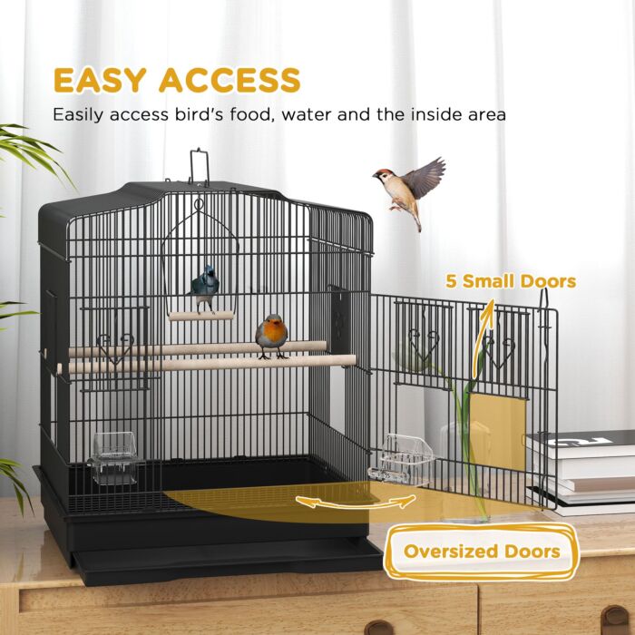 Pawhut Large Metal Bird Cage With Stand, Perches, Food Bowls, Swing For Budgie, Parakeet, 46.5 X 36 X 59cm, Black