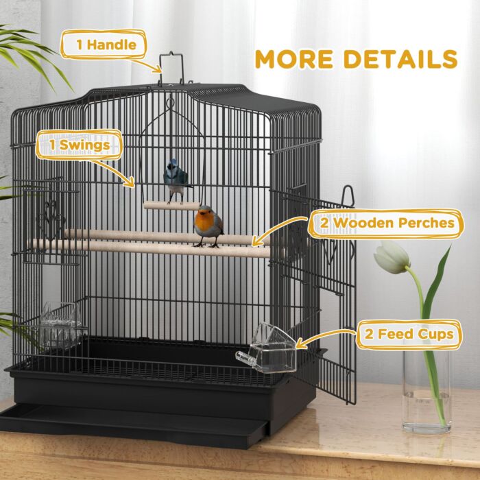 Pawhut Large Metal Bird Cage With Stand, Perches, Food Bowls, Swing For Budgie, Parakeet, 46.5 X 36 X 59cm, Black