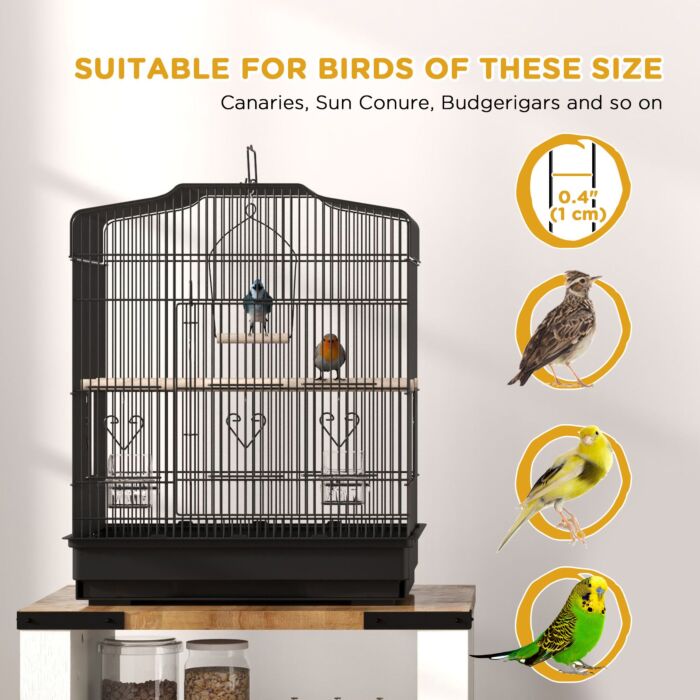 Pawhut Large Metal Bird Cage With Stand, Perches, Food Bowls, Swing For Budgie, Parakeet, 46.5 X 36 X 59cm, Black