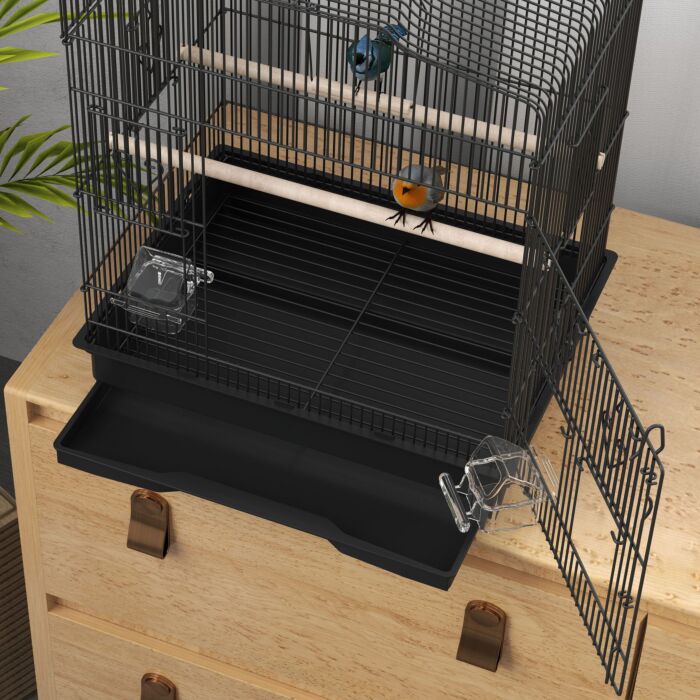 Pawhut Large Metal Bird Cage With Stand, Perches, Food Bowls, Swing For Budgie, Parakeet, 46.5 X 36 X 59cm, Black