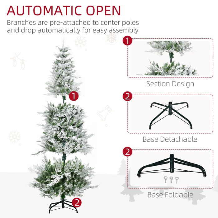 Homcom Pencil Snow Flocked Artificial Christmas Tree With Realistic Cypress Branches, Auto Open, Green