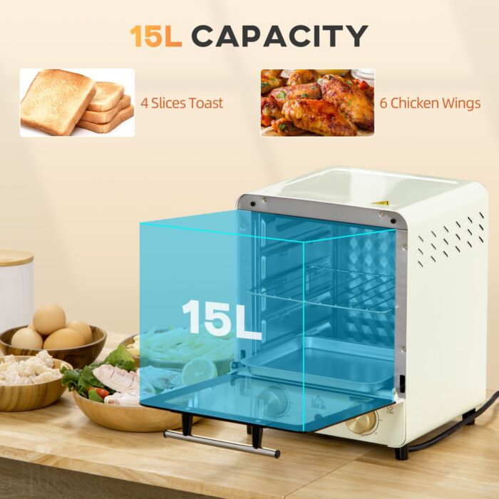 Homcom Convection Mini Oven, 15l Electric Oven & Grill W/ Adjustable Temperature, Timer, Baking Tray, Wire Rack, Crumb Tray, 1000w, Cream White