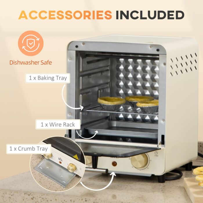 Homcom Convection Mini Oven, 15l Electric Oven & Grill W/ Adjustable Temperature, Timer, Baking Tray, Wire Rack, Crumb Tray, 1000w, Cream White