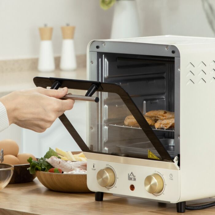 Homcom Convection Mini Oven, 15l Electric Oven & Grill W/ Adjustable Temperature, Timer, Baking Tray, Wire Rack, Crumb Tray, 1000w, Cream White