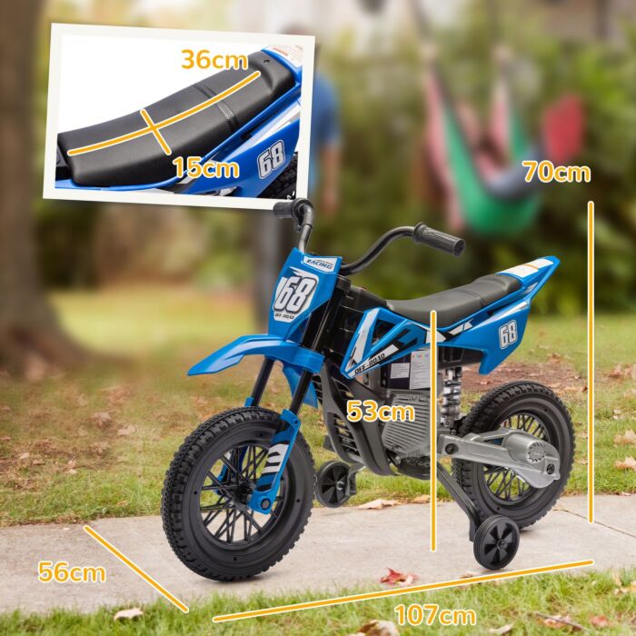 Aiyaplay 12v Kids Electric Motorbike, Kids Electric Ride On Motorcycle W/ Twist Grip Throttle, Training Wheels - Blue