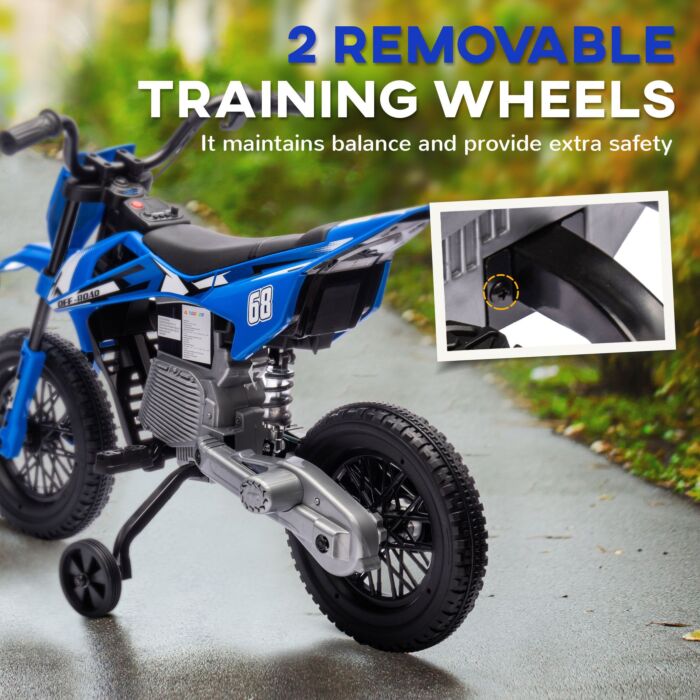 Aiyaplay 12v Kids Electric Motorbike, Kids Electric Ride On Motorcycle W/ Twist Grip Throttle, Training Wheels - Blue
