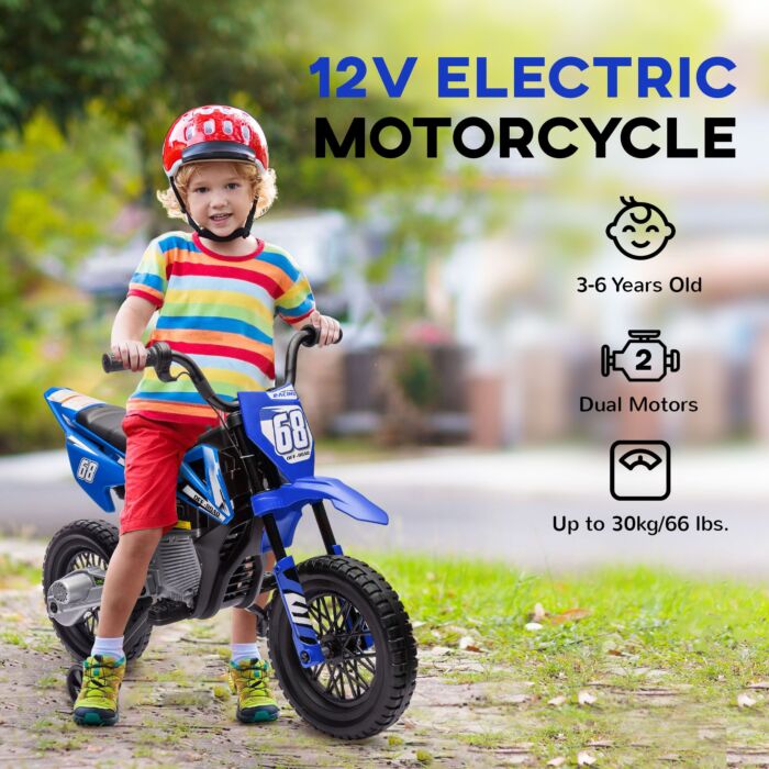 Aiyaplay 12v Kids Electric Motorbike, Kids Electric Ride On Motorcycle W/ Twist Grip Throttle, Training Wheels - Blue