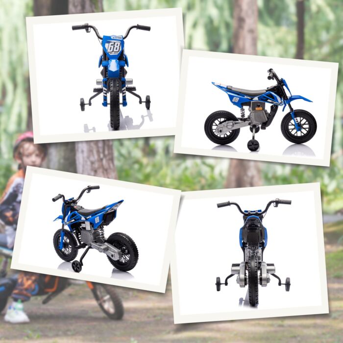 Aiyaplay 12v Kids Electric Motorbike, Kids Electric Ride On Motorcycle W/ Twist Grip Throttle, Training Wheels - Blue