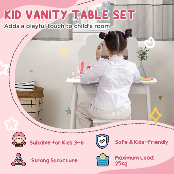 Aiyaplay Kids Dressing Table With Mirror, Stool, Drawer, Cloud Design, White