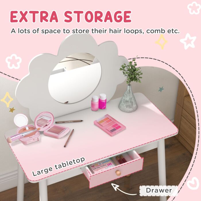 Aiyaplay Kids Dressing Table With Mirror, Stool, Drawer, Cloud Design, White
