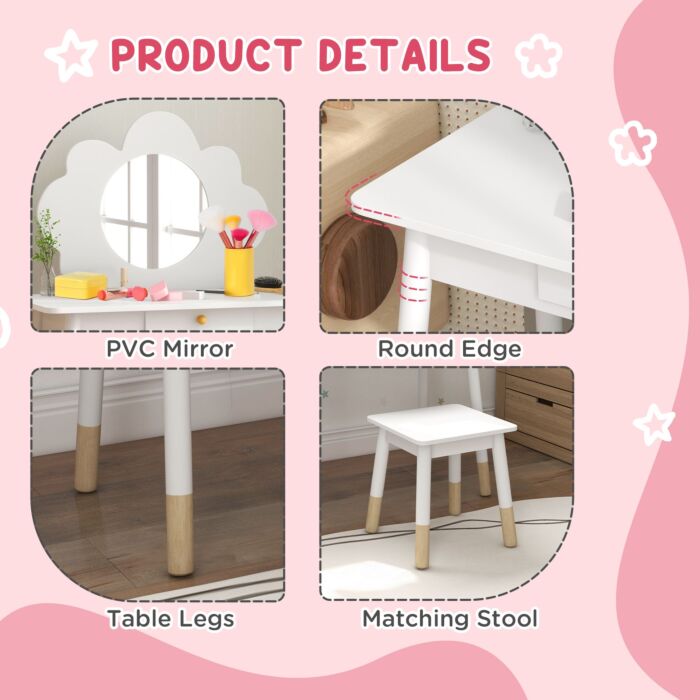 Aiyaplay Kids Dressing Table With Mirror, Stool, Drawer, Cloud Design, White