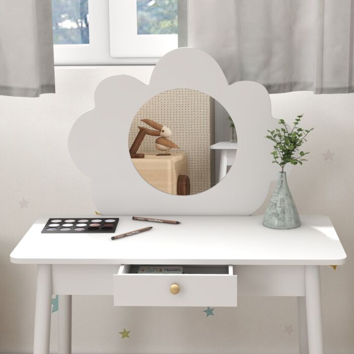 Aiyaplay Kids Dressing Table With Mirror, Stool, Drawer, Cloud Design, White