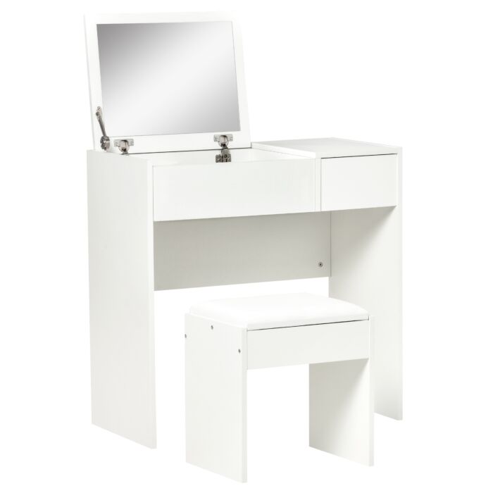 Homcom Makeup Desk With Drawer, Vanity Table Set With Flip-up Mirror And Cushioned Stool, White