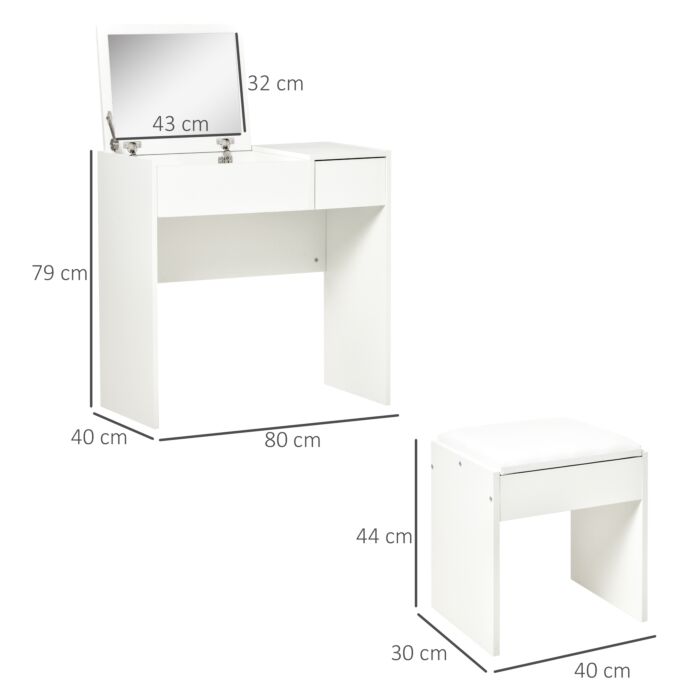 Homcom Makeup Desk With Drawer, Vanity Table Set With Flip-up Mirror And Cushioned Stool, White