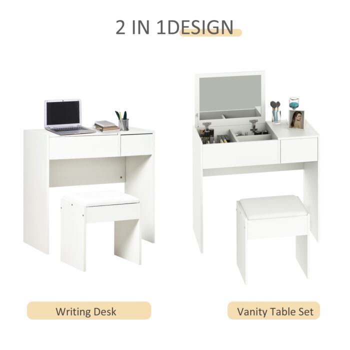Homcom Makeup Desk With Drawer, Vanity Table Set With Flip-up Mirror And Cushioned Stool, White