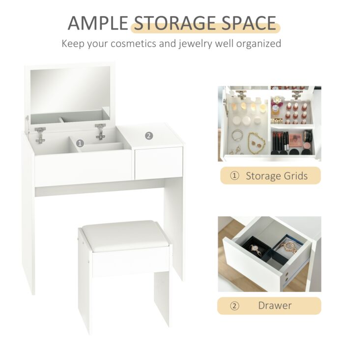 Homcom Makeup Desk With Drawer, Vanity Table Set With Flip-up Mirror And Cushioned Stool, White