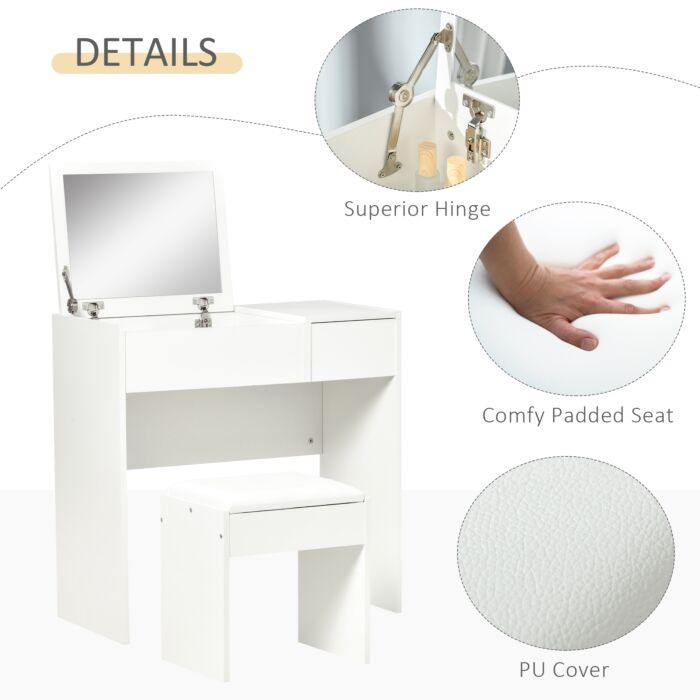 Homcom Makeup Desk With Drawer, Vanity Table Set With Flip-up Mirror And Cushioned Stool, White