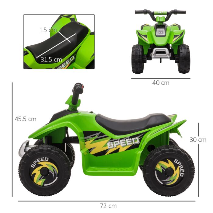 Homcom 6v Kids Electric Toy Car Atv Toy Quad Bike Four Big Wheels W/ Forward Reverse Functions Toddlers Aged 18-36 Months, Green