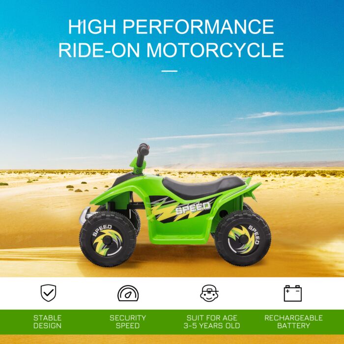 Homcom 6v Kids Electric Toy Car Atv Toy Quad Bike Four Big Wheels W/ Forward Reverse Functions Toddlers Aged 18-36 Months, Green