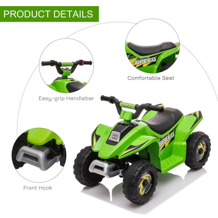 Homcom 6v Kids Electric Toy Car Atv Toy Quad Bike Four Big Wheels W/ Forward Reverse Functions Toddlers Aged 18-36 Months, Green