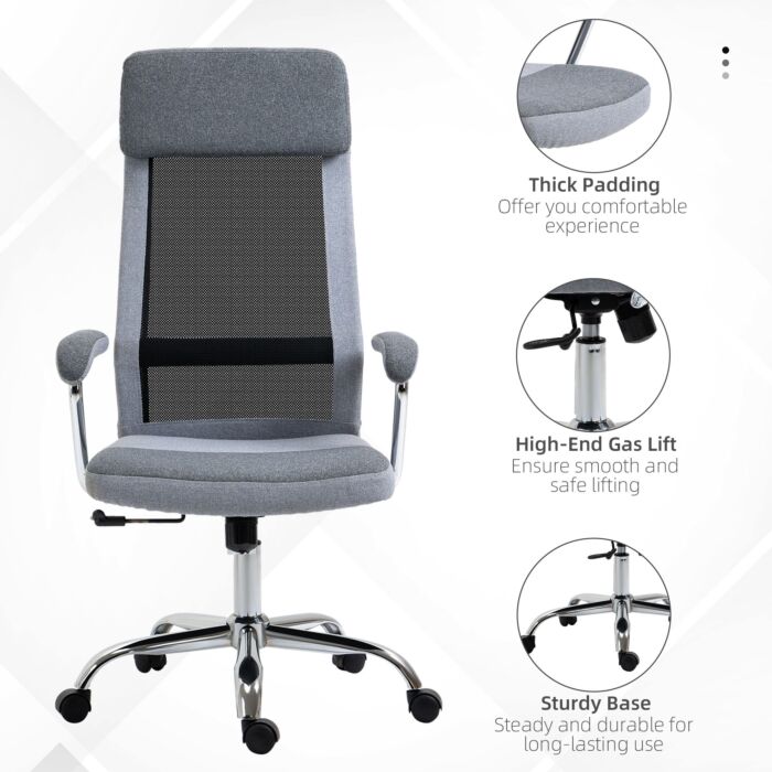 Vinsetto Office Chair Linen-feel Mesh Fabric High Back Swivel Computer Task Desk Chair For Home With Arm, Wheels, Grey