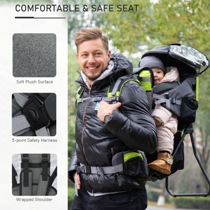 Homcom Baby Hiking Backpack Carrier Child Carrier With Ergonomic Hip Seat Detachable Rain Cover Adjustable Straps Stand For Toddler 6-36 Months Black