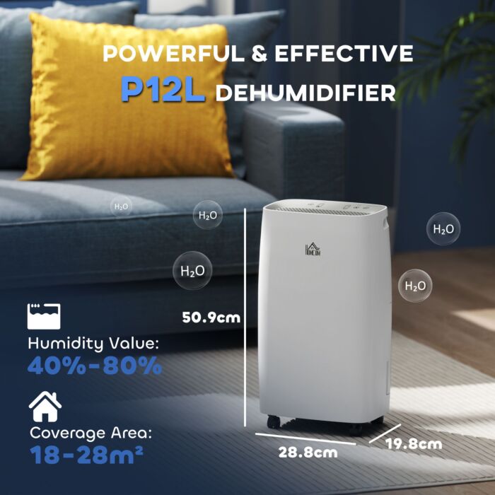 Homcom 12l/day Portable Dehumidifier For Home W/ 24h Timer, Humidity Display, 2 Speed Modes, 2500ml Electric Air Dehumidifier W/ Four Wheels, White
