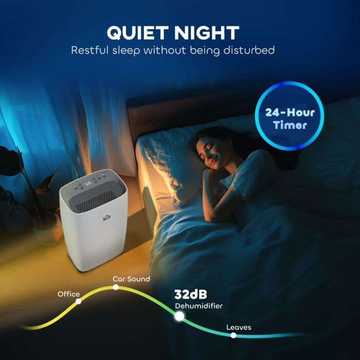 Homcom 12l/day Portable Dehumidifier For Home W/ 24h Timer, Humidity Display, 2 Speed Modes, 2500ml Electric Air Dehumidifier W/ Four Wheels, White