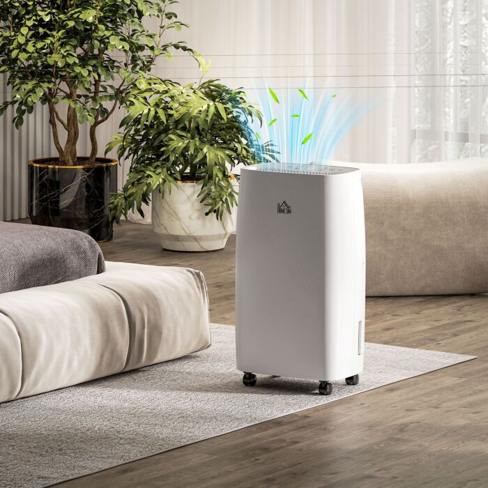 Homcom 12l/day Portable Dehumidifier For Home W/ 24h Timer, Humidity Display, 2 Speed Modes, 2500ml Electric Air Dehumidifier W/ Four Wheels, White